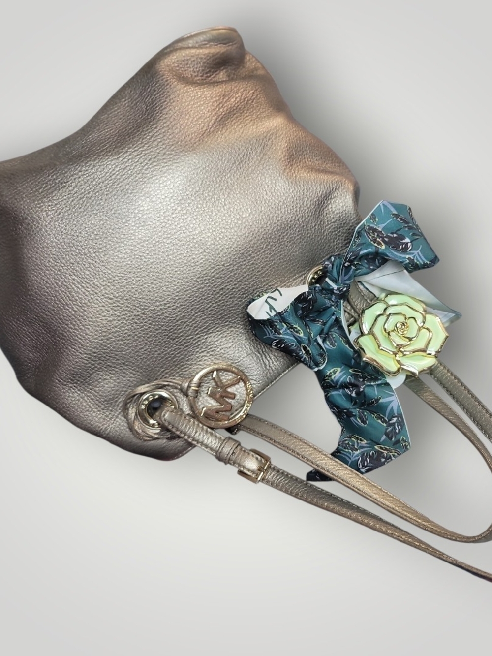 Michael Kors Gold Leather Shoulder Tote with Teal Floral Scarf And Hairclip - Picture 5 of 8